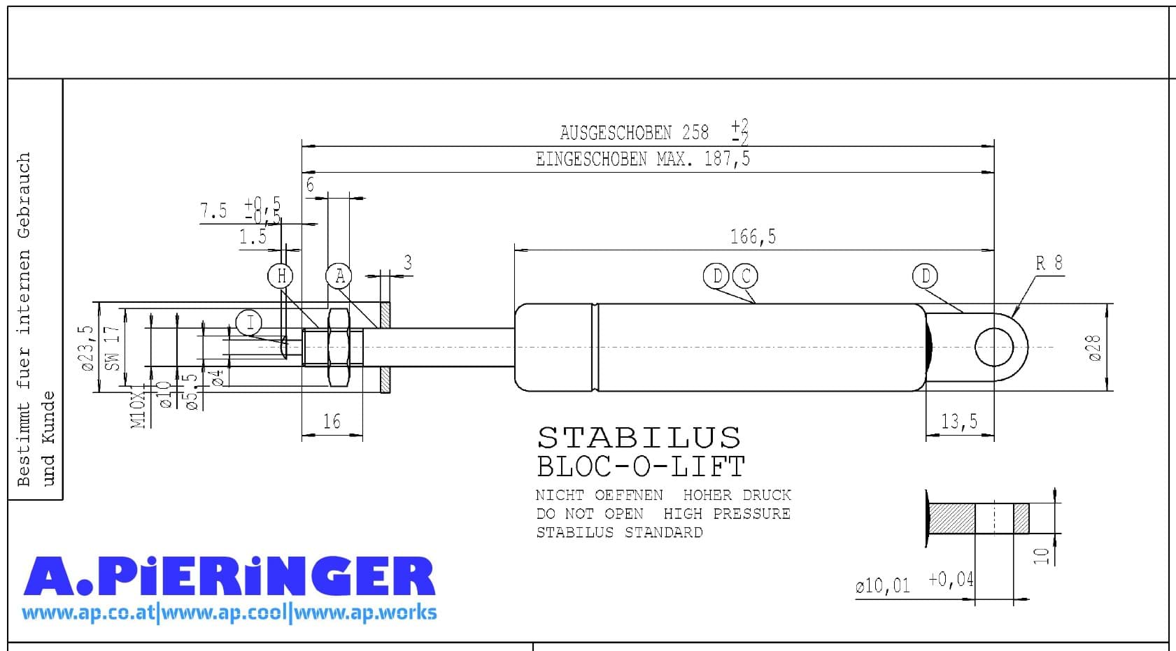 A.PiERiNGER. Gasfeder Stabilus Bloc-o-lift 031723 500N